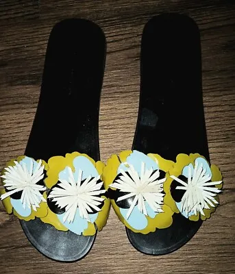 $24.99 • Buy Zara Women’s Floral Poplin Patent Leather Black Sandals Slippers Flip Flops 8 39