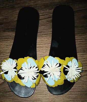 $24.99 • Buy Zara Women’s Floral Poplin Patent Leather Black Sandals Slippers Flip Flops 8 39