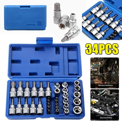 34Pcs 3/8  E & T Torx Socket Set E4-E20 Drive Star Hex Bits Garage Torque Tool • $23.49