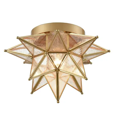 Brass Moravian Star Ceiling Lights Flush Mount Seeded Glass 12  Foyer Light • $105.99