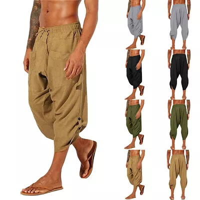 Mens Cotton Linen 3/4 Length Pants Casual Baggy Loose Yoga Beach Harem Trousers • $19.59