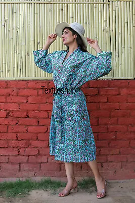 $35.62 • Buy Turquoise Handmade Long Cotton Kimono Dress Indian Night Gown Kimono Robes AU
