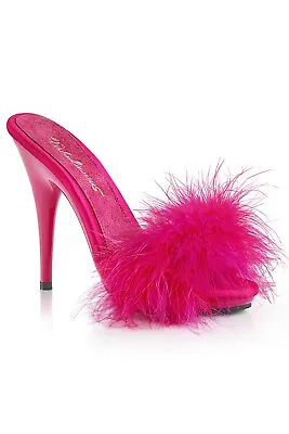 Fabulicious POISE-501F Hot Pink Satin/Marabou Fur Mule Shoes IN-STOCK • £61