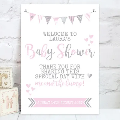 Personalised Welcome To My Baby Shower Table Sign Pink / Blue Bunting Design BS2 • £4.75