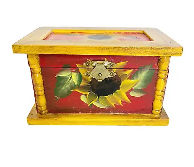 Vtg Handpainted Small Wooden Box/Artist Signed/Gold Hardware/Sunflowers/Jewelry • $12.50