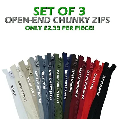 3PC CHUNKY Zip Size #5 Open End Single Slider Plastic Teeth Fastener No 5 Resin • £6.99