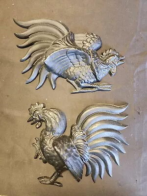 SET OF 2 - Vintage Large Metal Wall Hanging Fighting Roosters - HODA Brand/Stamp • $29.99