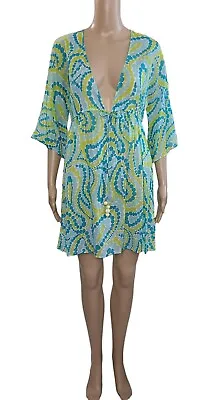 MILLY Cabana Blue Green White Deep V Cover Up Mini Dress Sz M • $26