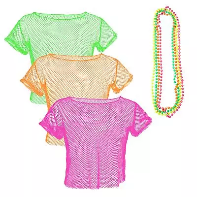 80's Neon Mesh Crop Top Short Sleeve Fishnet Hole Rave Festival Clubwear Fashion • £11.99