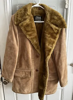 Sears Oakbrook Coat Suede Sherpa Fur Rancher Jacket Sz 38 Brown Button Vntg EUC • $60
