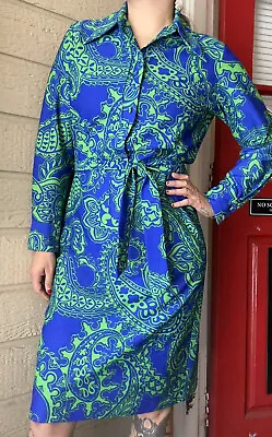 Vintage 70s Lanvin Paris NY Paisley Printed Graphic Print Dress Shirtdress Mod • $250