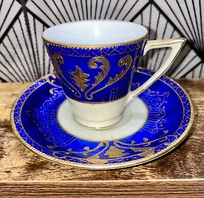 Vintage Demitasse Tea Cup & Saucer Gilded Blue Gold Hand Painted Japanese • $23
