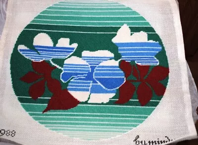 Vintage Finished Needlepoint By Mindy 1980's #988 Round Abstract Floral Flowers • $29.95