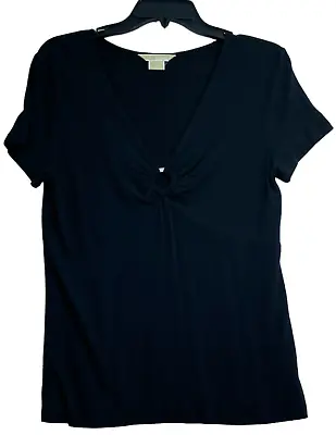 Michael Kors Blouse Womens Size Medium Black Short Sleeve Vneck Keyhole Stretch • $11.67
