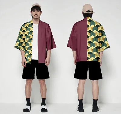 Japanese Kimono Men Jacket Robe Casual 7 Point Sleeve Open Front Coat 2XL • $19.50