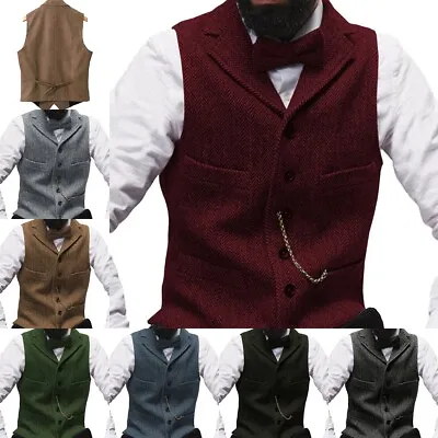 Mens Vest Tweed Waistcoat Vintage Formal Wool Blend Herringbone Vest 42 44 46 48 • £23.99