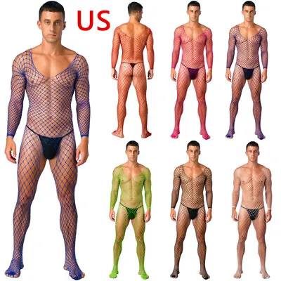 Men's Sexy Lingerie Jumpsuits Hollow Out Rompers See Through Fishnet Bodysuit • $6.43