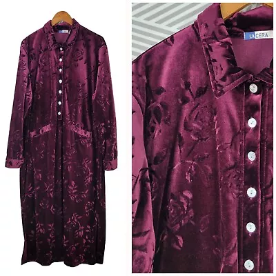 Vintage La Cera Velvet Housecoat Dress Robe Size XL Warm Winter Burgundy Rose  • $26.39