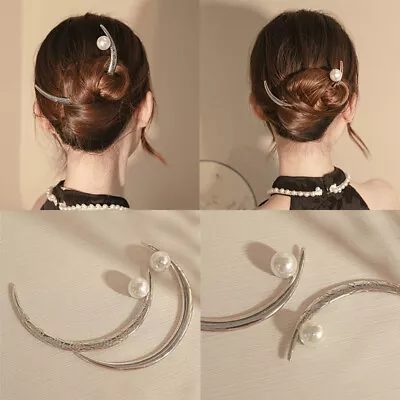 Vintage Crescent Moon Hair Forks Pearl Hair Sticks Womens Hair Bun Clip Hairpin • $1.78