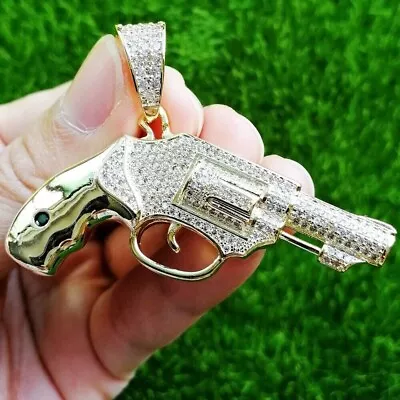 2Ctw Lab Created Diamond Men's Big Revolver GUN Pendant 14K Yellow Gold Plated • $118.74