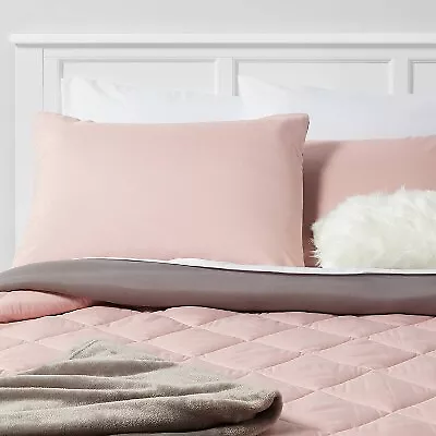 5pc Full/Queen Solid Microfiber Reversible Decorative Bed Set With Throw Blush • $13.99