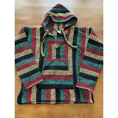 Franks Textiles Poncho Hoodie Men's Medium Multicolor Striped Heavy Knit Warm • $11.11