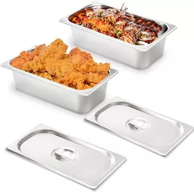 2 Pack Steam Table Pan With Lids 1/3 Size 4 Inch Deep Stainless Steel Hotel P... • $33.72