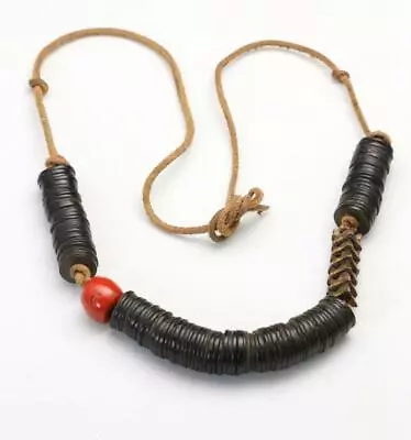 Vintage Artisan Tribal Snake Vertebrae Wood Beaded Necklace Ethnic Boho Leather • $125