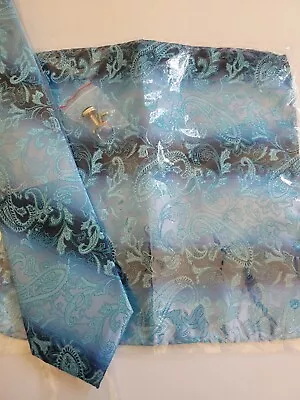 Twenty Dollar Tie Men's XL Blue Paisley Silk Tie Pocket Square & Cuff Link Set • $15.95