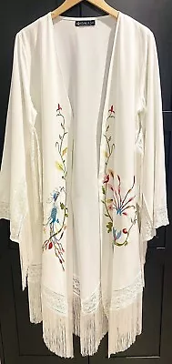 ISHKA Kimono Jacket Robe Festival Hippy Boho Size L - XL Embroidery & Crochet • $85