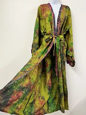 Green SILK Kimono Long Vintage Boho Folk Gown Maxi Robe Fairy Indian One Size • £49