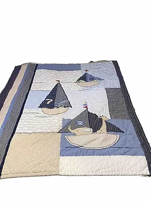 Pottery Barn Kids Row Your Boat Crib Toddler Quilt Nautical Sailboat Blue EUC • $49.97