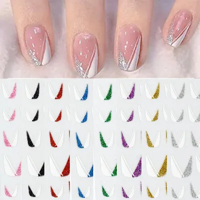 3D French Tips Nail Stickers Glitter Silver Sliders Decals Design Decorations + • $1.45