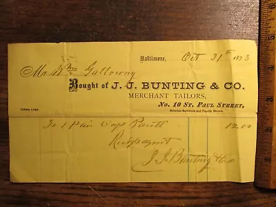 Antique Vintage 1873 Billhead Baltimore MD JJ Bunting Merchant Tailors • $17.50