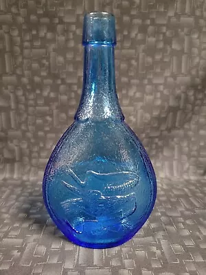 Vintage Wheaton Blue Glass Liquor Tonic Bottle W/ Union Shield & Bird And Ribbon • $9.60