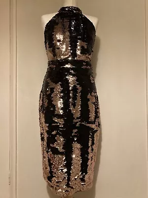 Lipsy Black And Gold Sequin Midi Dress Abbey Clancy Size 10 Mermaid  • £15