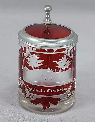 Mid 19th Century German Ruby Engraved Kursaal I Wiesbaden Miniature Spa Stein • $195