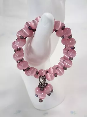 Stunning Vintage Estate Genuine Pink Cats Eye & Crystal Beaded Wrap Bracelet! • $19.99