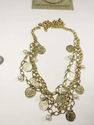 Vintage Large Chain Coin Necklace 19  Gold Tone VN Balboa Faux Pearls C4736 • $17.88