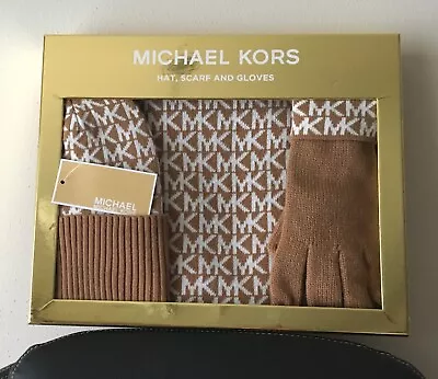 Michael Kors Logo Knit Scarf Hat & Gloves (3PC In Giftbox) - Dark Camel Cream • $46.99