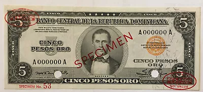 *VERY RARE* DOMINICAN REPUB. 5 Pesos 1952 Pick 68s TDLR UNCIRCULATED *SPECIMEN* • $360