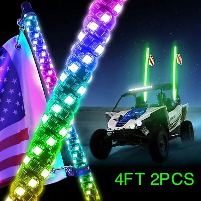 2PC 4FT RGB LED Whip Chasing Antenas Light Spiral W/Flag For ATV Polaris RZR UTV • $115.18