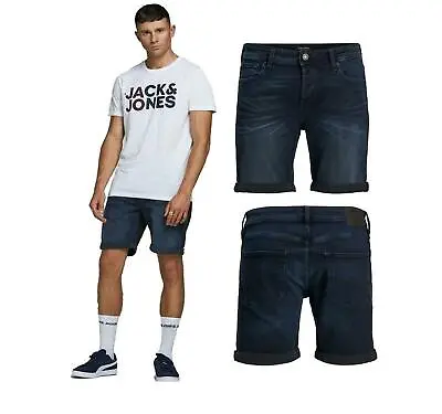 Jack And Jones Men's Denim Shorts Regular Fit Stretch Button Fly Turn Up Blue • £19.99