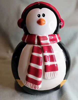 Christmas Penguin Cookie Jar Scarf And Earmuffs Ceramic Red White Black 11  • $17.99