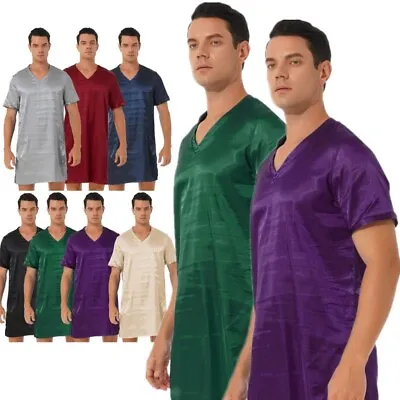 Men's Satin Nightshirt Short Sleeve V Neck Pajamas Lounge Sleep Shirt Nightgown • $13.88