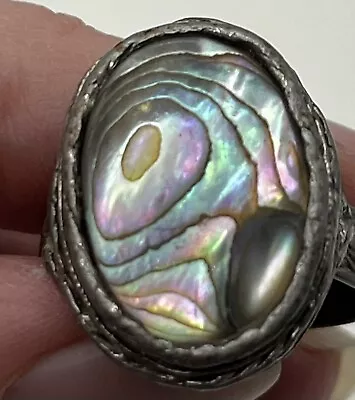 Large Vintage  Abalone Ring Size 7 Adjustable -floral Stamped Silver Color Band • $11