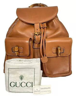 Vintage Gucci Bamboo Backpack Drawstring Shoulder Bag Purse GG Leather Authentic • $369