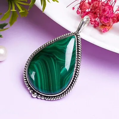 Malachite Shinny Gemstone Pendant 925 Sterling Silver Handmade Women Gift PG299 • $15.64