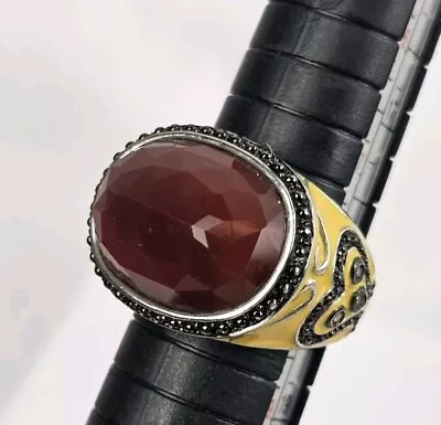 Beautiful Sterling Marcasite Carnelian And Enamel Ring Size 8 • $49.50