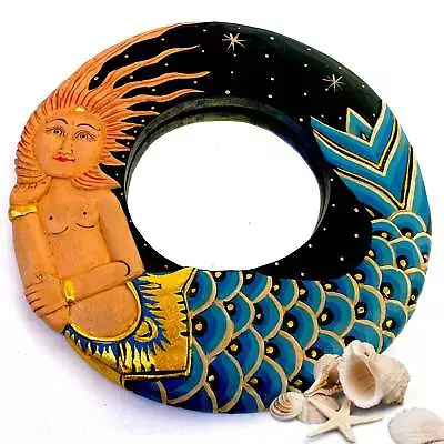 Balinese Folkloric Mermaid Goddess Wall Mirror Carved Painted Wood Bali Folk Art • $48.95